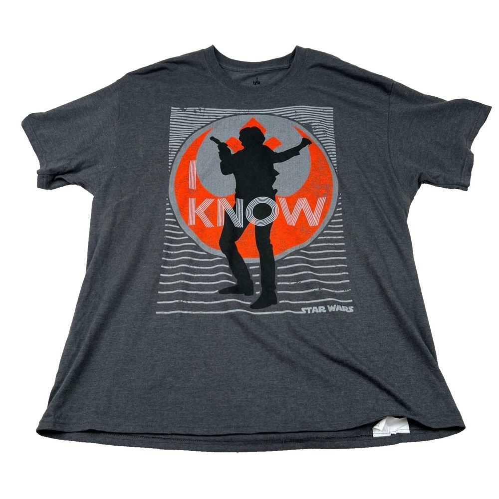 Disney Parks Star Wars T Shirt Mens XL Han Solo Gray Gun Graphic I Know